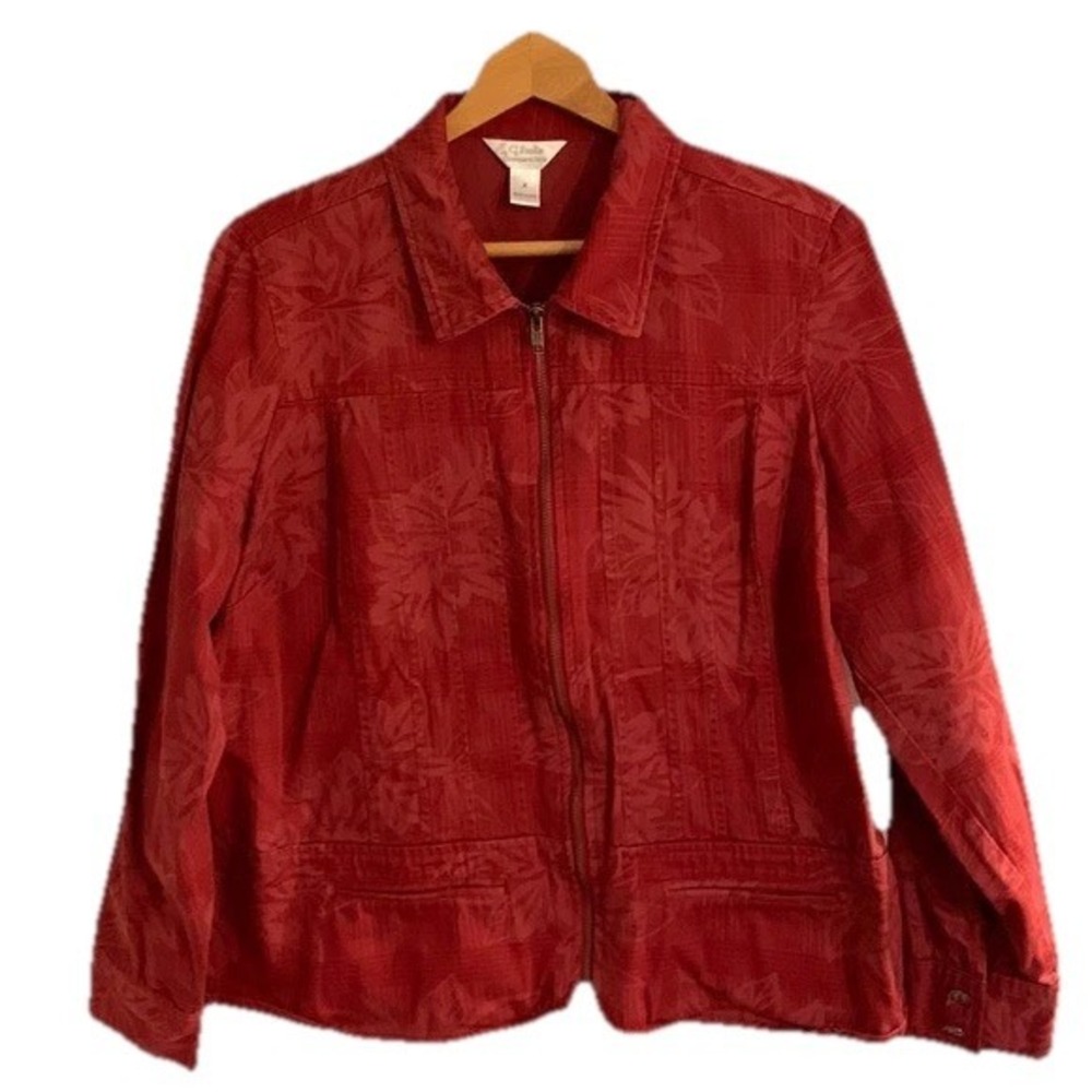 CJ Banks Jacket XL Red Tropical Leaf Jacquard Full Zip‎ Cotton Lightweight
